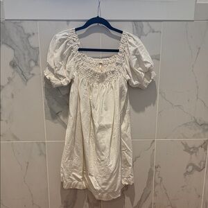 Free People White Puff Sleeve Smocked Neck Dress